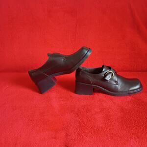 Brown Leather Mary Jane Buckle Monk Strap Shoes Block Heel Square Toe 9.5M Twee